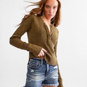 Olive Green Waffle Knit Henley Top